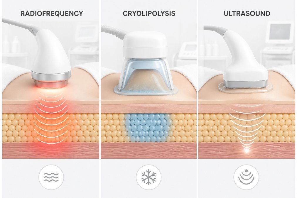 Side-by-side comparison showing radiofrequency handheld device, cryolipolysis applicator, and ultrasound probe on treatment surfaces in a clinical setting