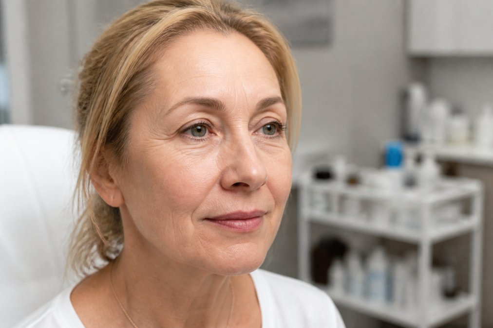 Close-up of woman's face in natural lighting showing fine lines around eyes and mouth, and subtle facial contours, with a soft-focus background suggesting a clinical setting