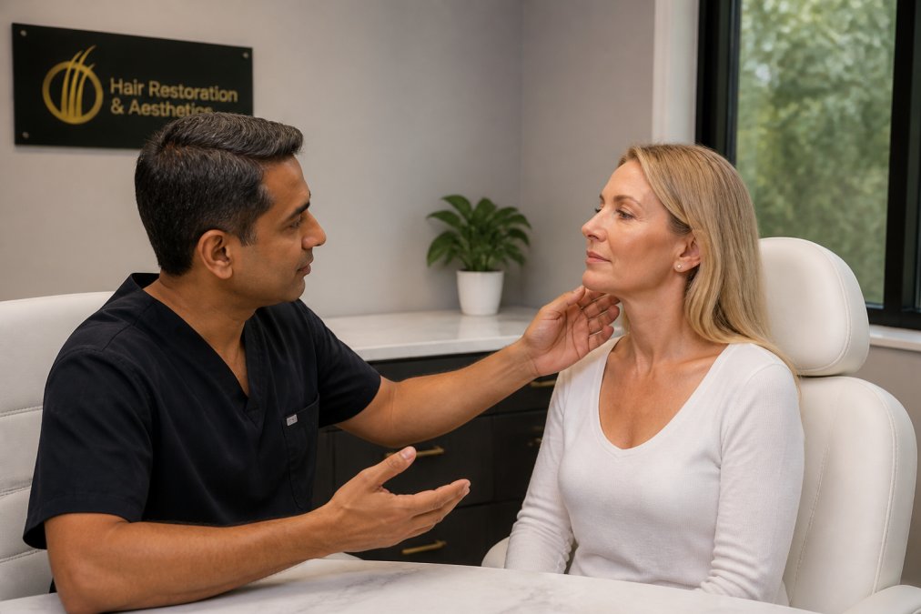Board-certified physician consulting with a patient in a modern medical office, reviewing treatment options and facial assessment with professional lighting