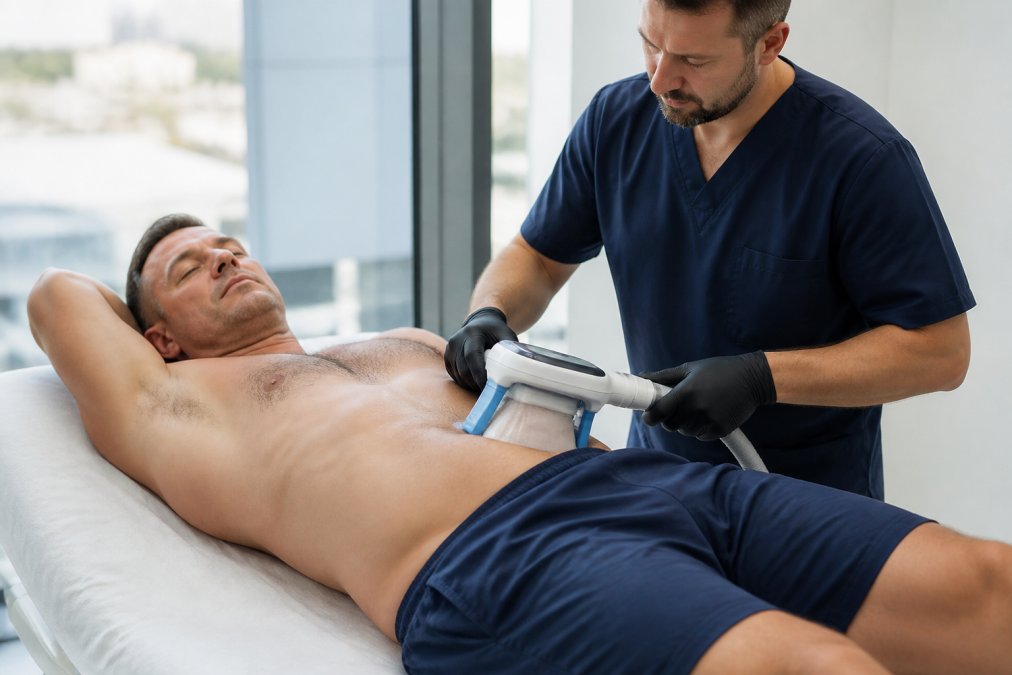 A man in his 40s lying on a treatment bed in a bright modern clinic, a clinician in navy scrubs positioning a cooling applicator against his flank, soft daylight through a large window