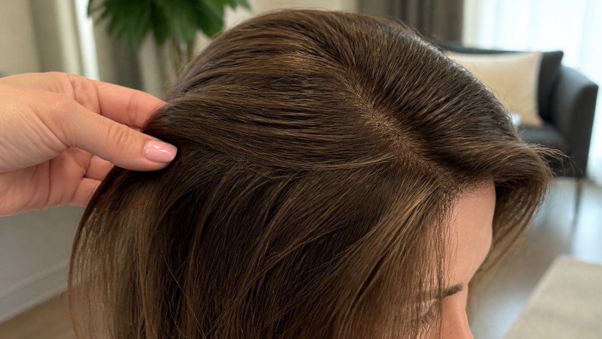 Close-up of a woman's hair showing seamless blending at the hairline and crown area with natural density and layered texture demonstrating realistic coverage