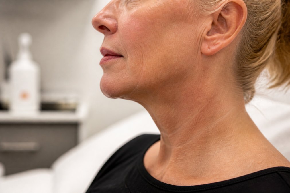 Close-up profile view of mature woman's jawline showing skin texture and definition in natural clinic lighting, demonstrating facial contours