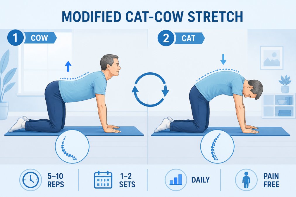 Middle-aged person performing a modified cat-cow stretch on a yoga mat in a bright home setting, showing proper form and neutral spine alignment