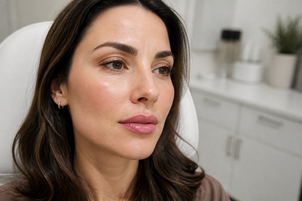 Woman's face showing natural-looking facial contouring with enhanced cheek volume and lip definition, professional clinical lighting highlighting skin texture and radiance