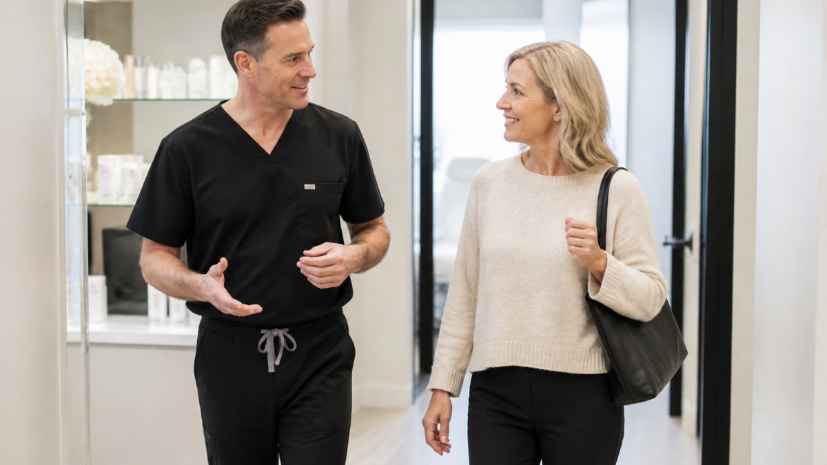 Patient examining their face in a mirror in a bright, clean aesthetic treatment room, looking at skin texture and firmness improvements