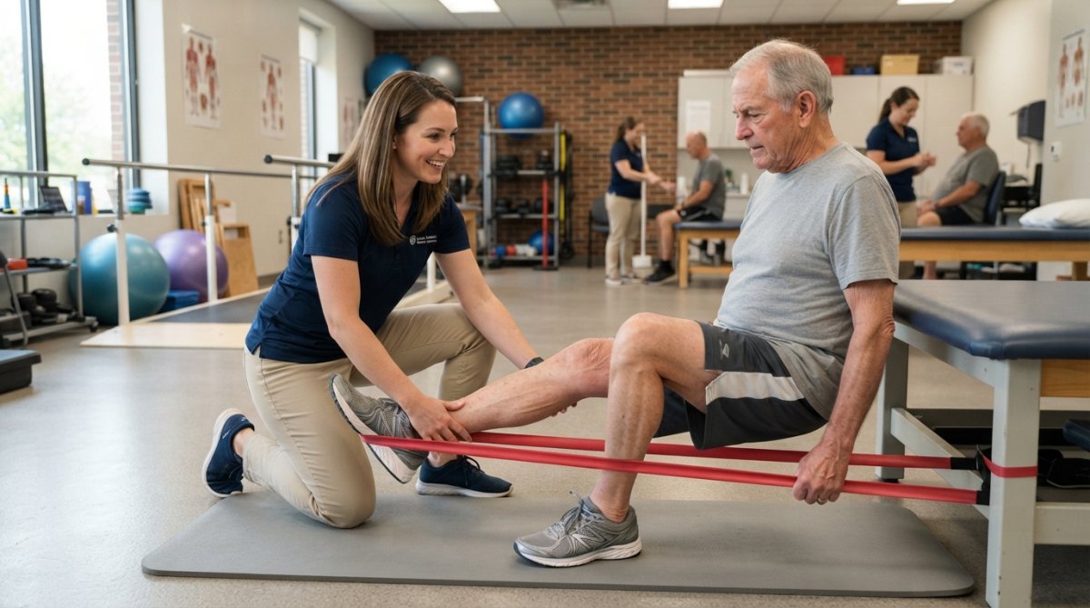 Physical therapist guiding patient through therapeutic exercise with proper form in modern rehabilitation clinic with natural lighting