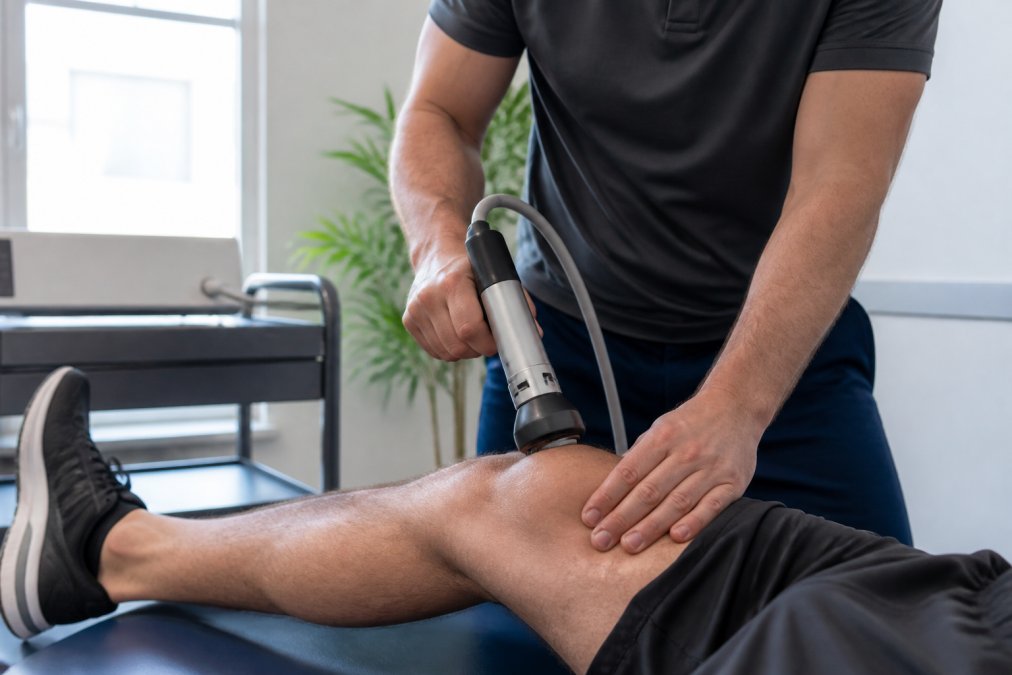 Healthcare provider applying acoustic wave therapy equipment to patient's knee during treatment session in clinical setting