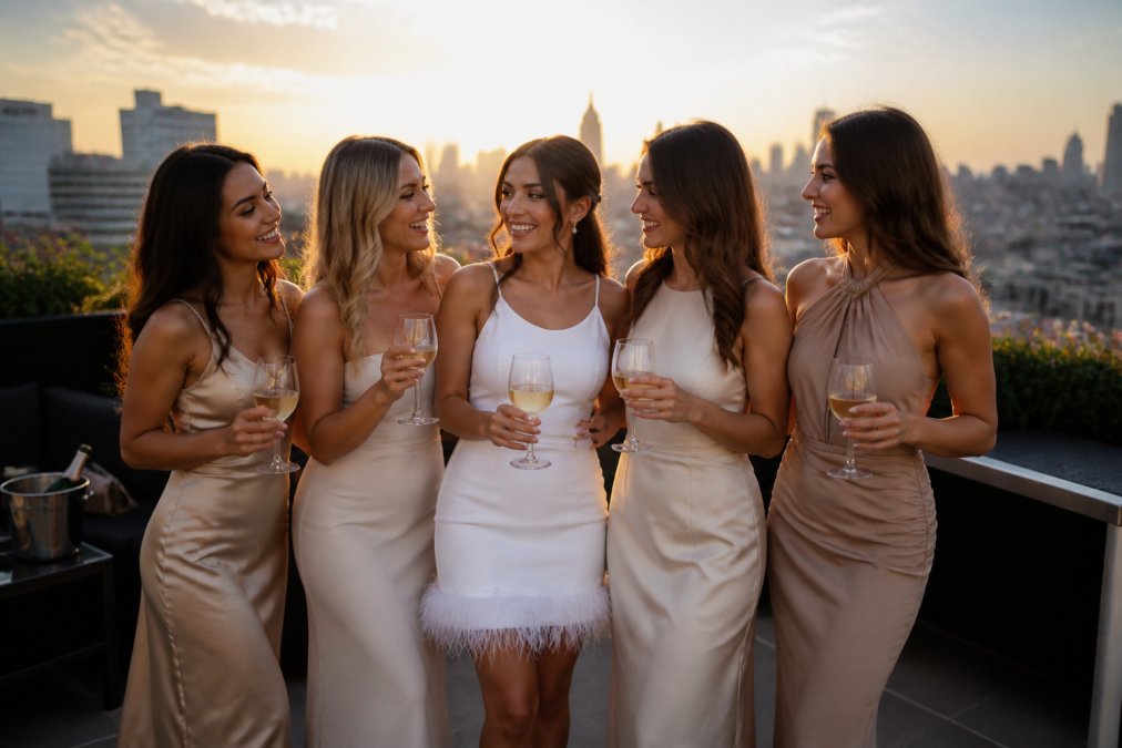 Bride-to-be and close friends wearing coordinated but elevated bachelorette outfits at a rooftop venue at golden hour, laughing and posing naturally, showing sophisticated styling with quality fabrics and minimal novelty accessories