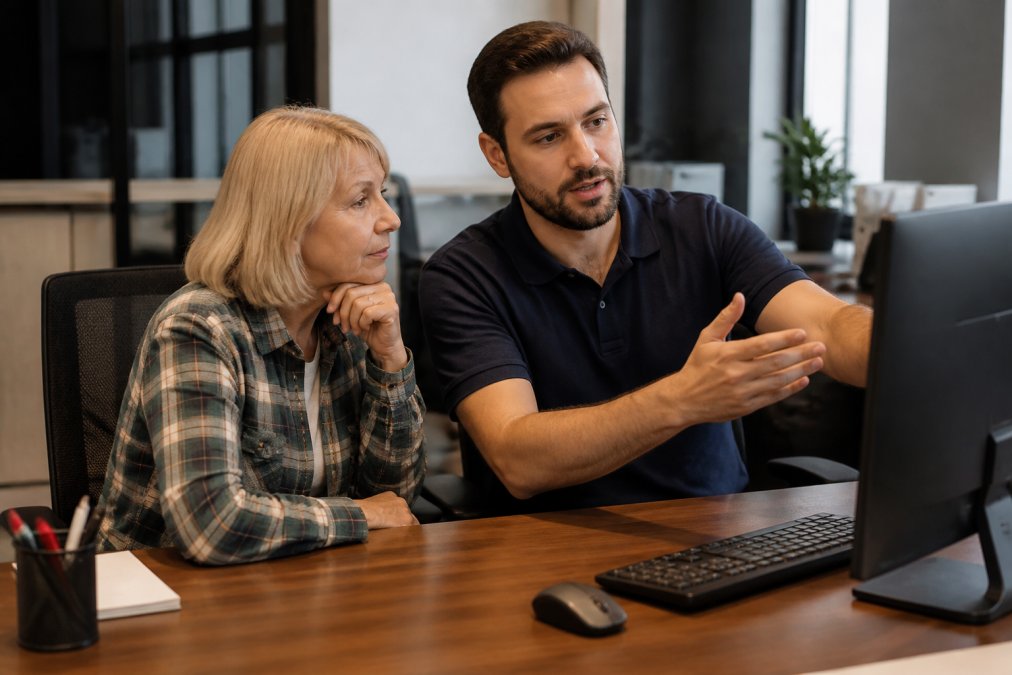 Professional IT support specialist calmly explaining a computer issue to a non-technical user sitting at a desk, using hand gestures to point at the screen while the user listens with focused attention in a bright, modern office
