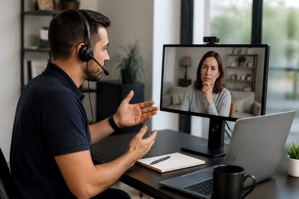 Help desk professional engaged in a video call with a non-technical user, both appearing focused and collaborative on their screens, with the support person gesturing while explaining something clearly