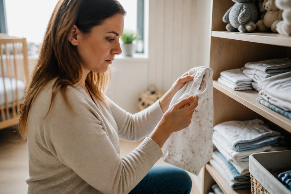 Parent carefully examining baby product labels and certification seals on clothing and nursery items in natural daylight, holding items up to read small print