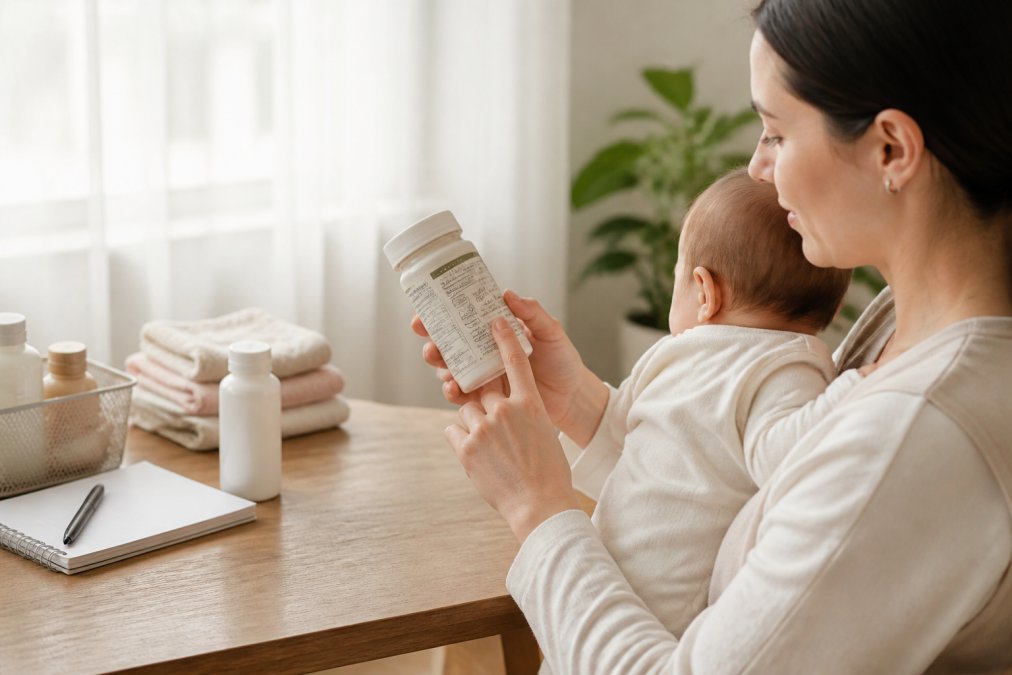 Parent holding baby product packaging to examine certification seals, ingredient lists, and safety markings in clear indoor lighting