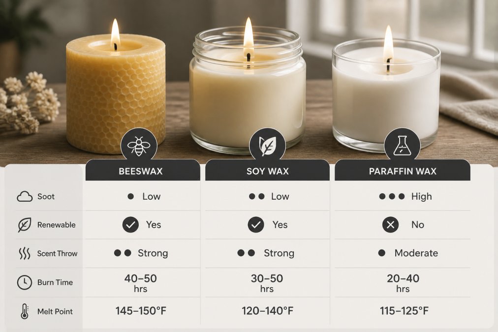 Close-up of three lit candles side by side on a rustic wooden table, one cream-colored beeswax pillar, one pale soy jar candle, and one white paraffin candle, with soft natural window light highlighting the different wax textures and melt pools