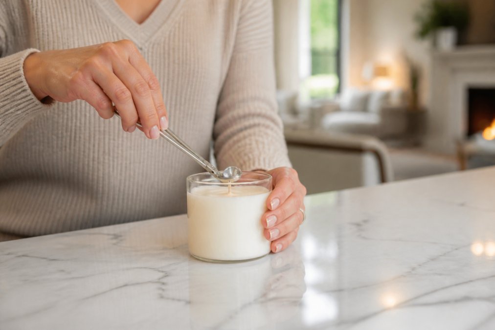 A pair of hands using a small silver wick trimmer to trim the wick of a clean glass jar candle on a white marble countertop, with a softly blurred warm living room interior in the background