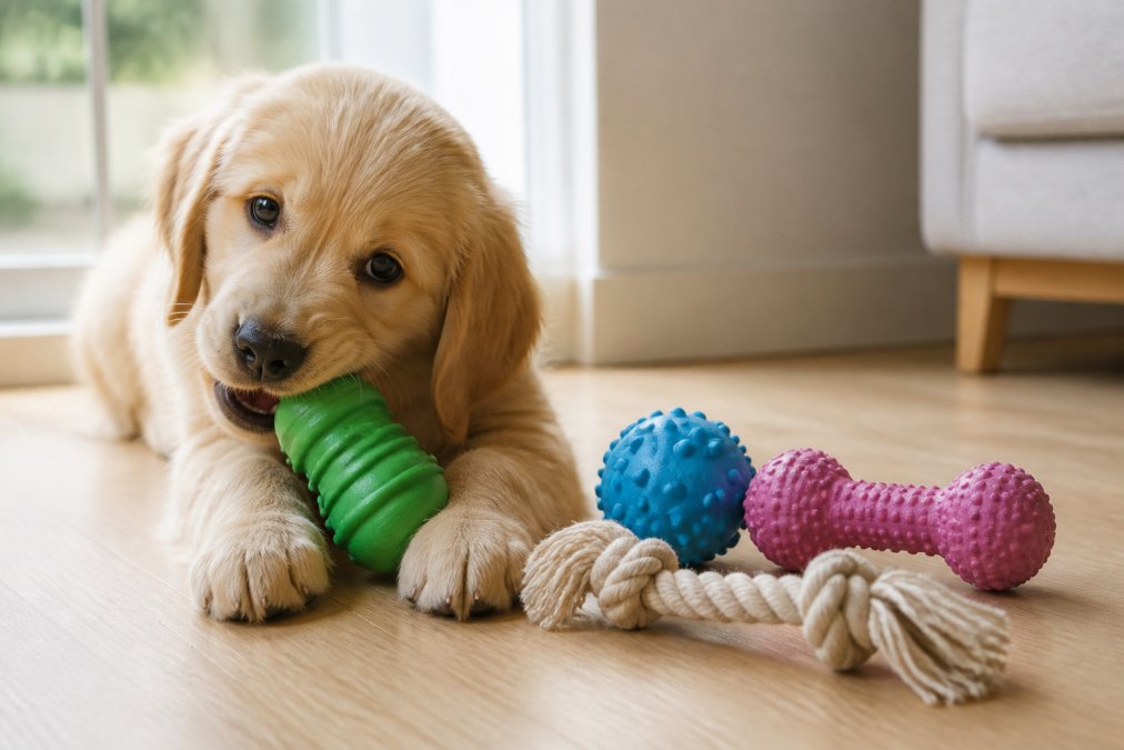 A golden retriever puppy sitting on a light wood floor, gently chewing a natural rubber toy, with three other chew toys arranged nearby in soft window light