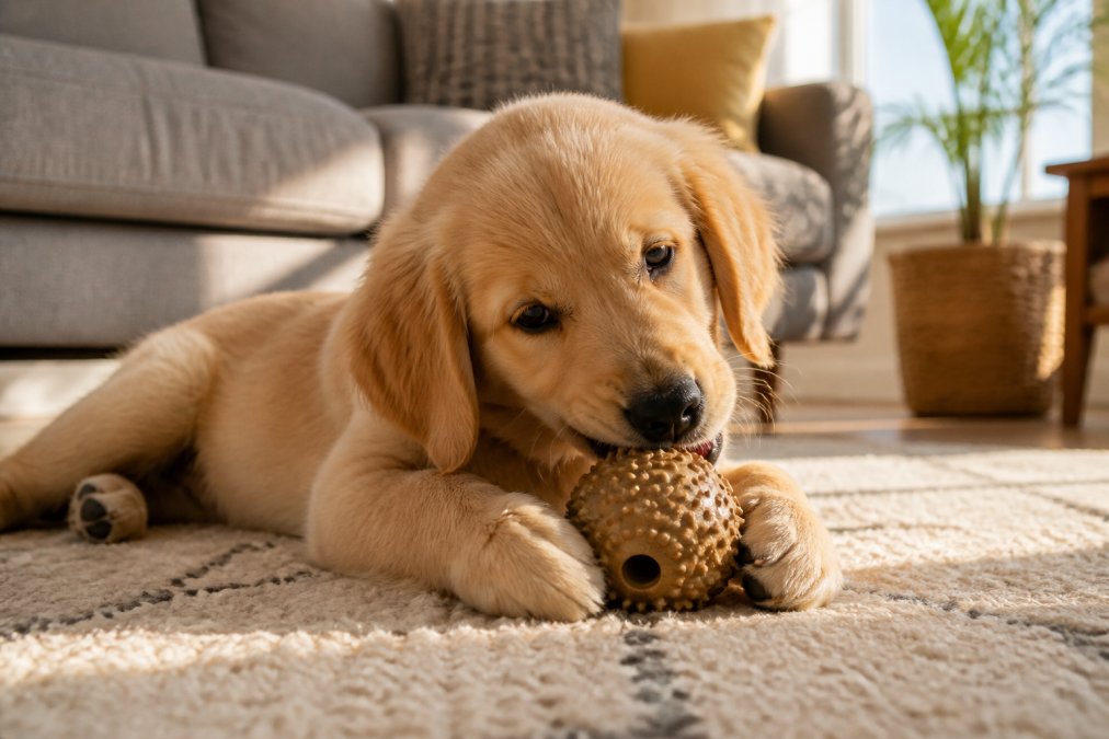 A golden retriever puppy lying on a living room rug, playfully chewing on a natural rubber treat ball toy while soft afternoon light streams through a window