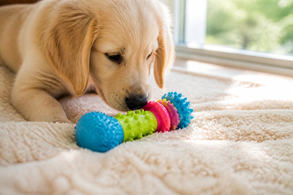 Close-up of a young puppy's nose and mouth examining a colorful non-toxic rubber toy on a soft cream-colored blanket, with natural window light illuminating the safe chew toy