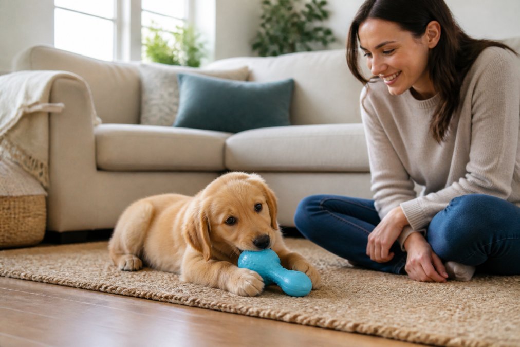 A young golden retriever puppy playing with a soft, safe teething toy while a pet owner watches nearby in a bright, comfortable living room, demonstrating supervised play and bonding