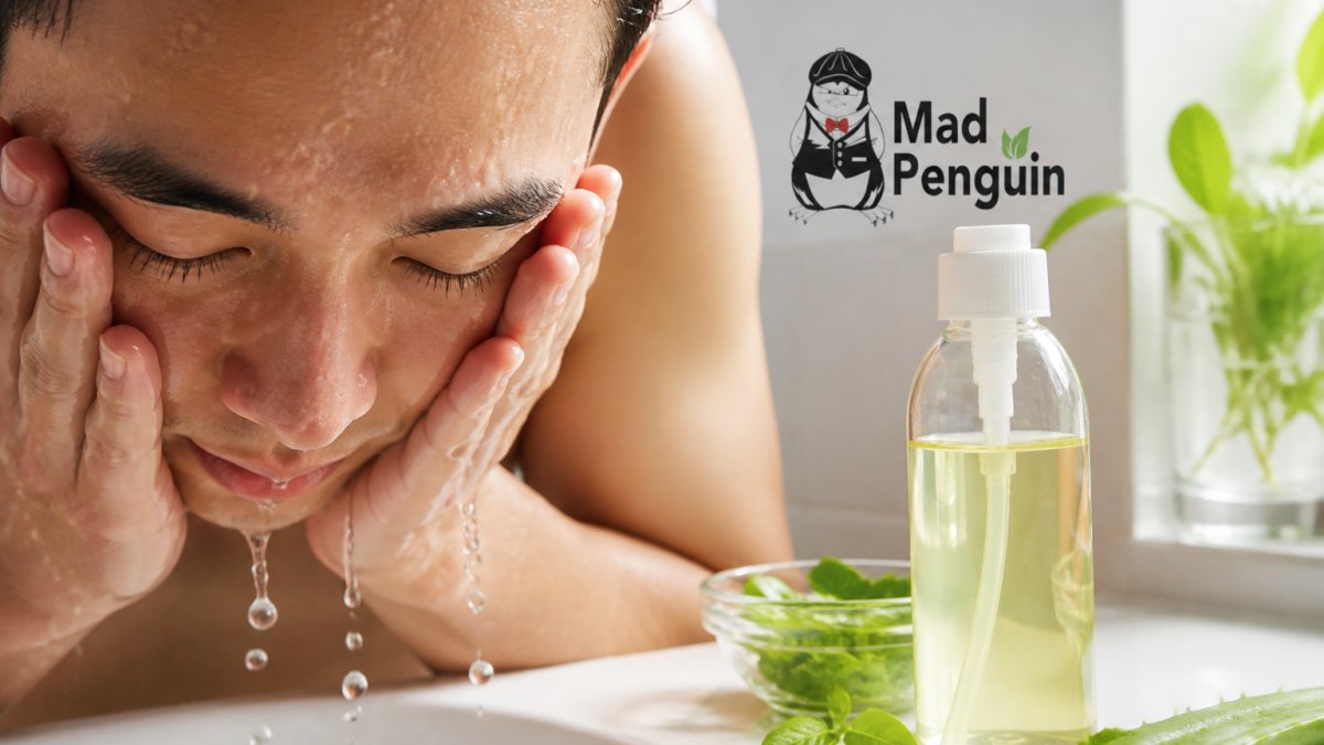 Close-up of oily T-zone skin with water droplets next to a bottle of natural face wash on a bathroom counter