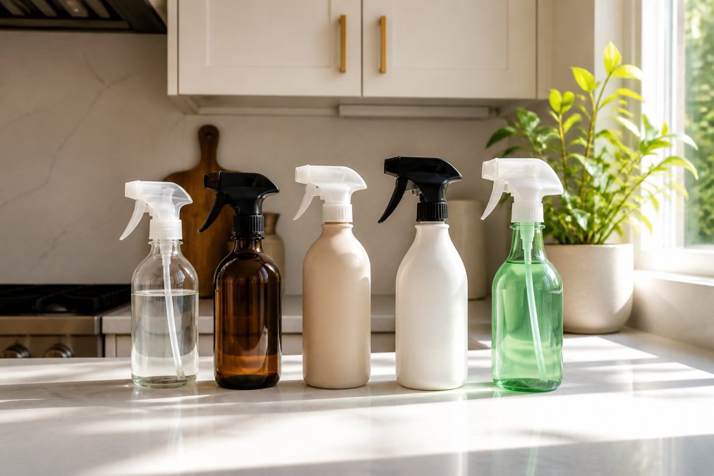 A bright, clean modern kitchen counter with several different spray bottles of various colors and designs arranged neatly, with a green plant in the background and natural sunlight streaming through a window