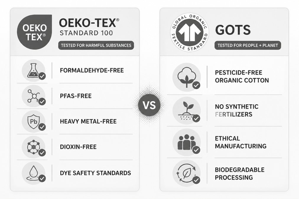 Comparison diagram showing OEKO-TEX STANDARD 100 testing for formaldehyde-free, PFAS-free, heavy metal-free, dioxin-free, and dye safety standards vs. GOTS testing for pesticide-free organic cotton, no synthetic fertilizers, ethical manufacturing, and biodegradable processing