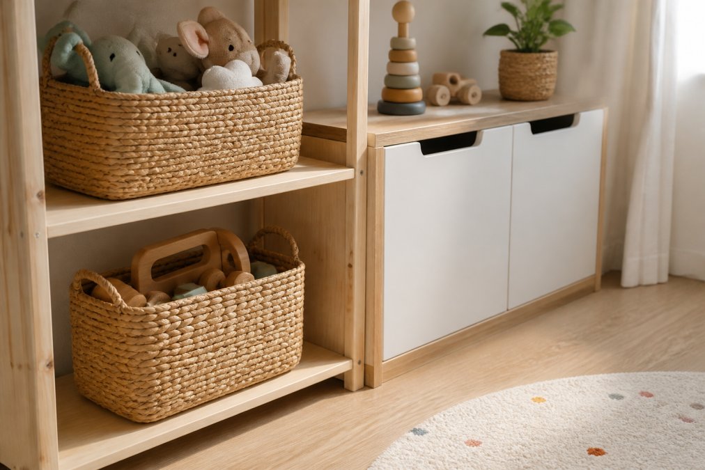 Close-up of natural seagrass baskets and wooden shelves in a bright, airy nursery with soft sunlight streaming through a window, toys neatly arranged inside baskets