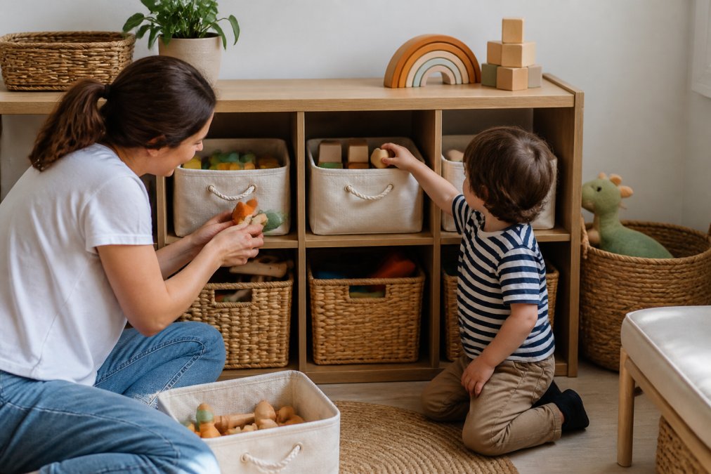 Parent and toddler together organizing toys into labeled canvas bins and wicker baskets on a low shelf, child reaching for a toy in an organized storage area