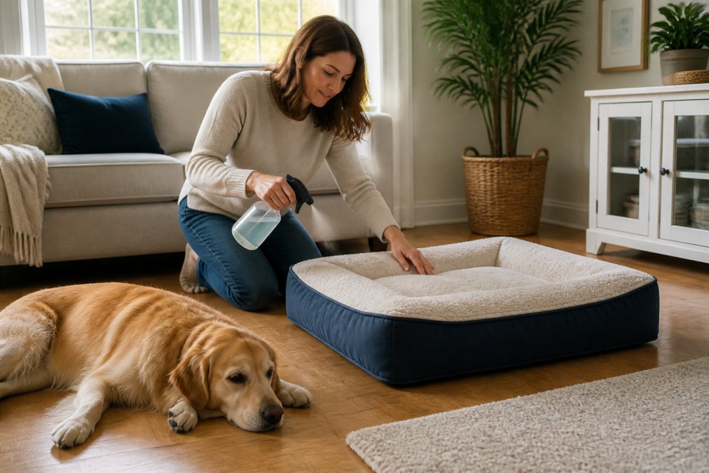 Pet owner spraying a non-toxic odor eliminator on a dog bed as a golden retriever rests nearby in a sunlit room
