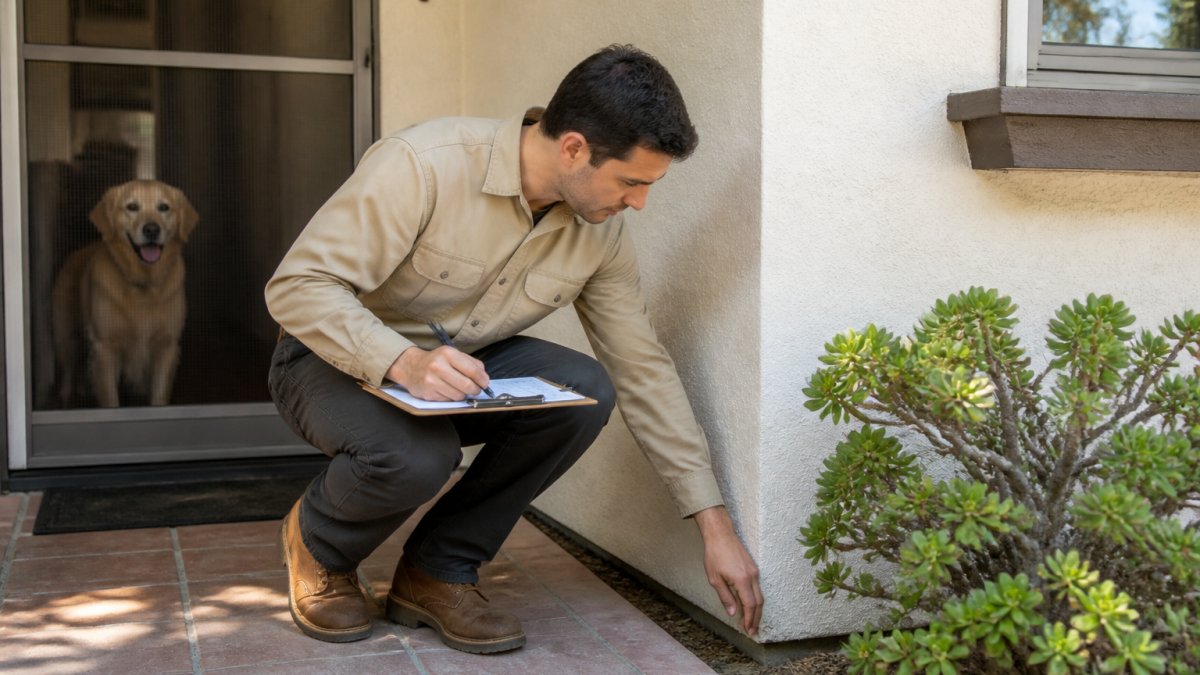 A pest control technician in a clean uniform inspecting the exterior base of a stucco home with a clipboard, a friendly dog watching from behind a screen door, bright California morning light