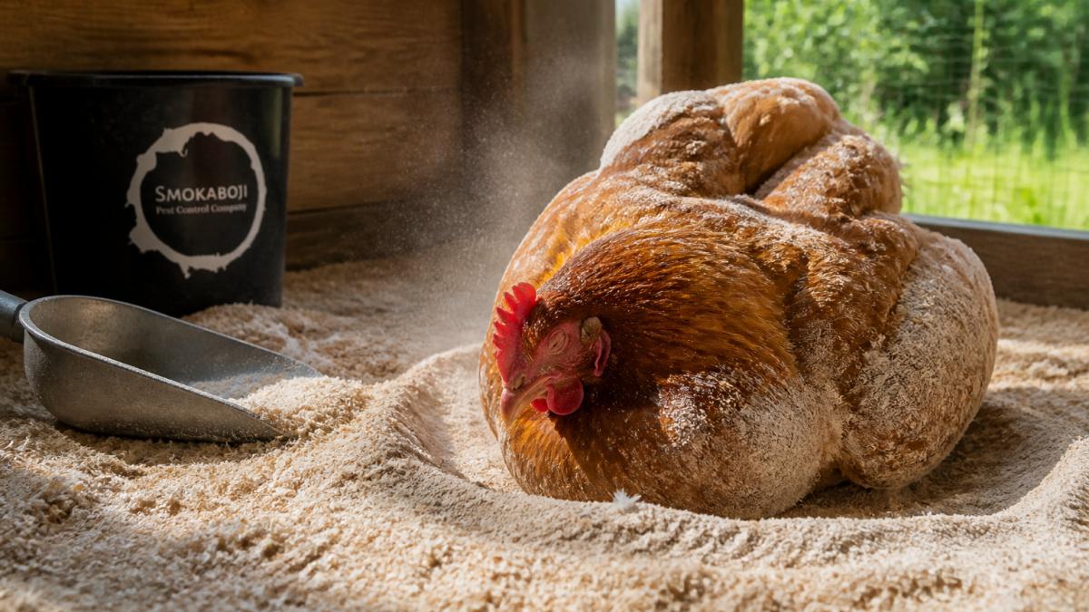 Close-up of a chicken taking a dust bath in dry bedding and diatomaceous earth mixture in a sunny coop setting
