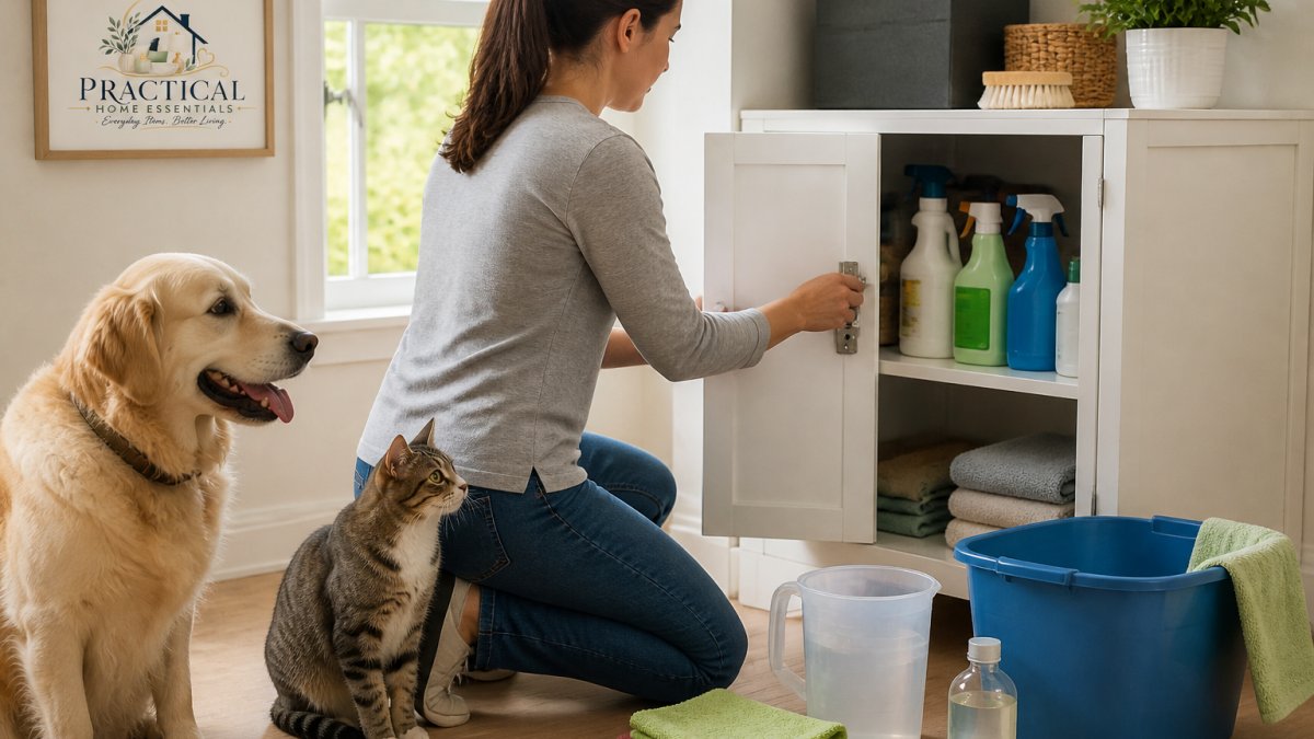 Pet owner safely storing cleaning supplies in a locked cabinet away from a dog and cat, with proper ventilation visible through an open window