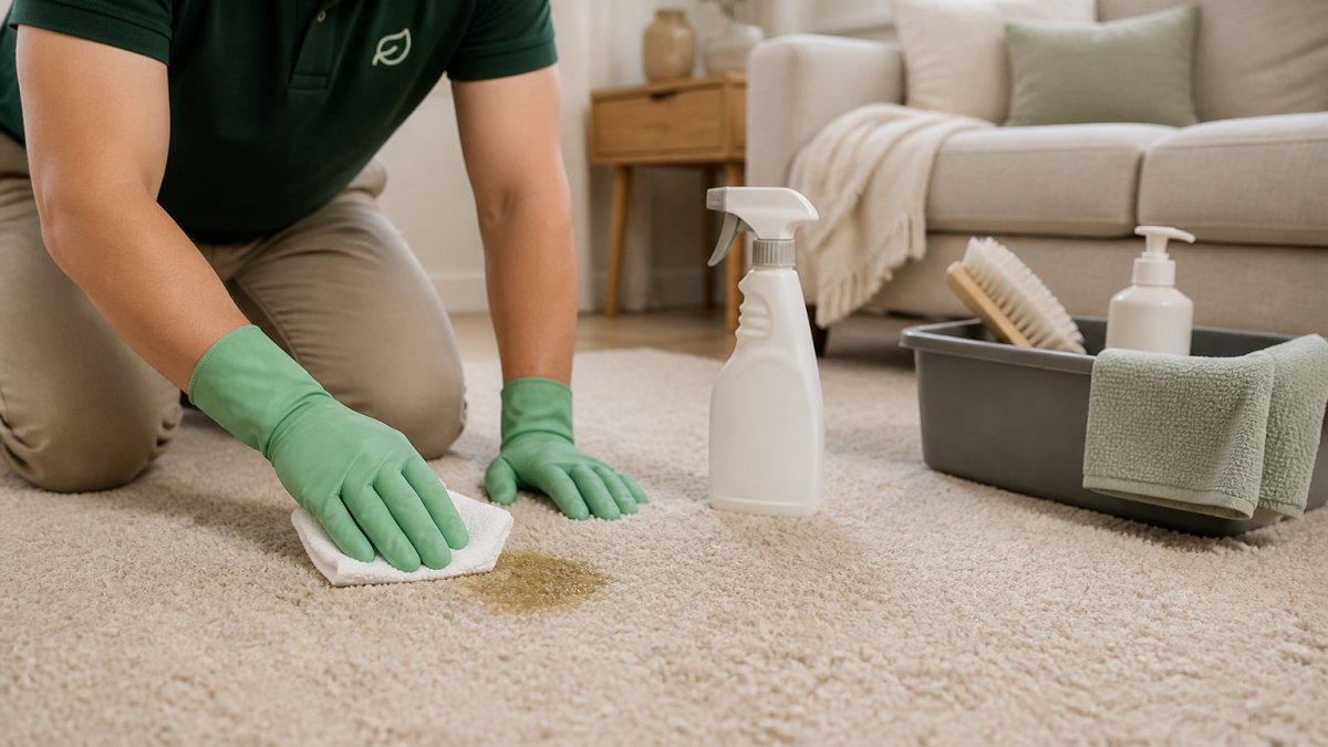 Close-up of a person wearing gloves blotting a fresh pet stain on a light-colored carpet with a white cloth, spray bottle and towel nearby in a bright living room