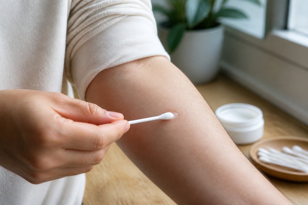 Close-up of a person applying a small amount of skincare product to the inner forearm with a cotton swab, showing clear skin and natural daylight from a window