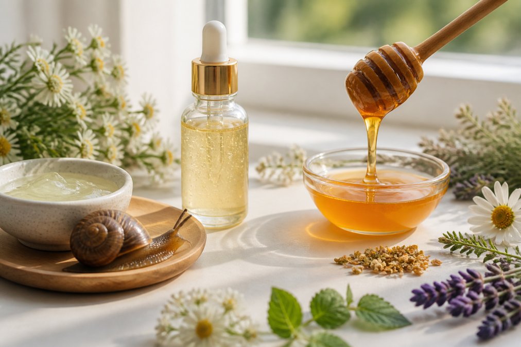 Close-up of natural skincare ingredients including snail mucin in a clear serum bottle, raw honey dripping from a wooden dipper, and organic botanical extracts arranged on a clean white surface with soft natural window lighting