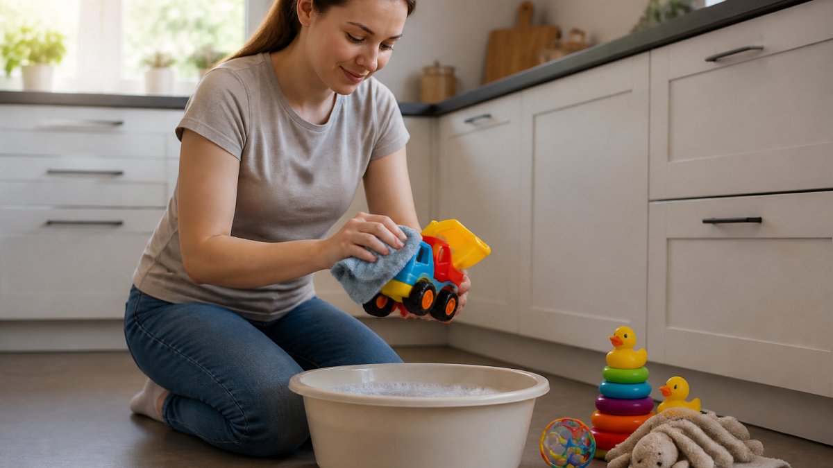 A parent kneeling on a kitchen floor wiping a plastic baby toy with a cloth, a bowl of soapy warm water and a small stack of clean toys beside them, soft daylight from a window