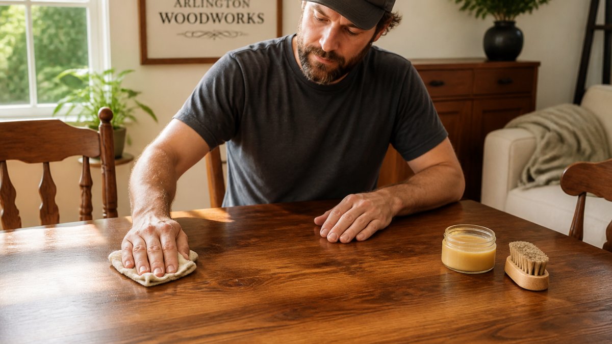 Diagram illustrating the process of applying natural wood balm to a dining table using a cloth and brush.