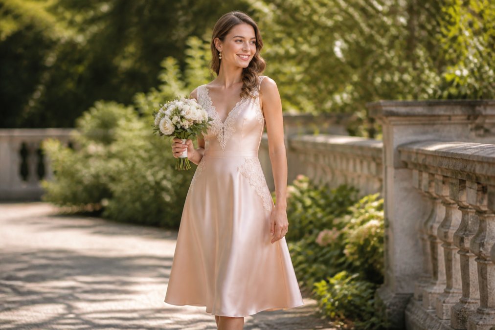Bride wearing an elegant blush-colored satin midi dress with delicate lace details, pearl drop earrings, and soft waves in her hair, standing in natural sunlight with soft-focus garden background