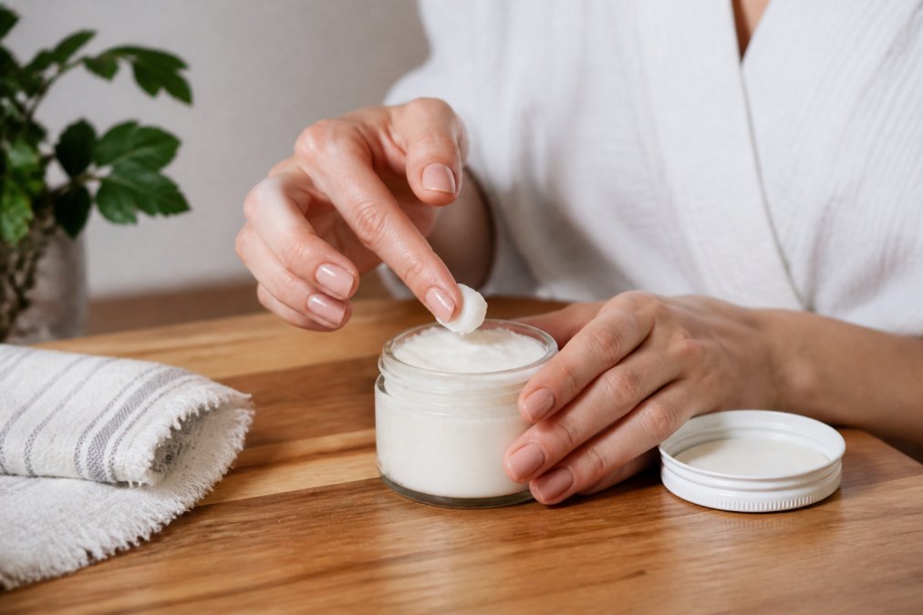 Close-up of hands scooping a small amount of creamy white whipped tallow balm from an open glass jar on a wooden countertop, soft natural light, minimalist skincare setting