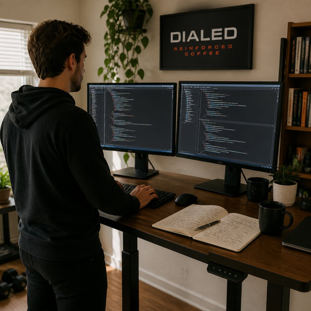 A software engineer working at a standing desk with two monitors showing code, a notebook with handwritten architecture diagrams, and a mug of coffee nearby in a home office with warm lighting