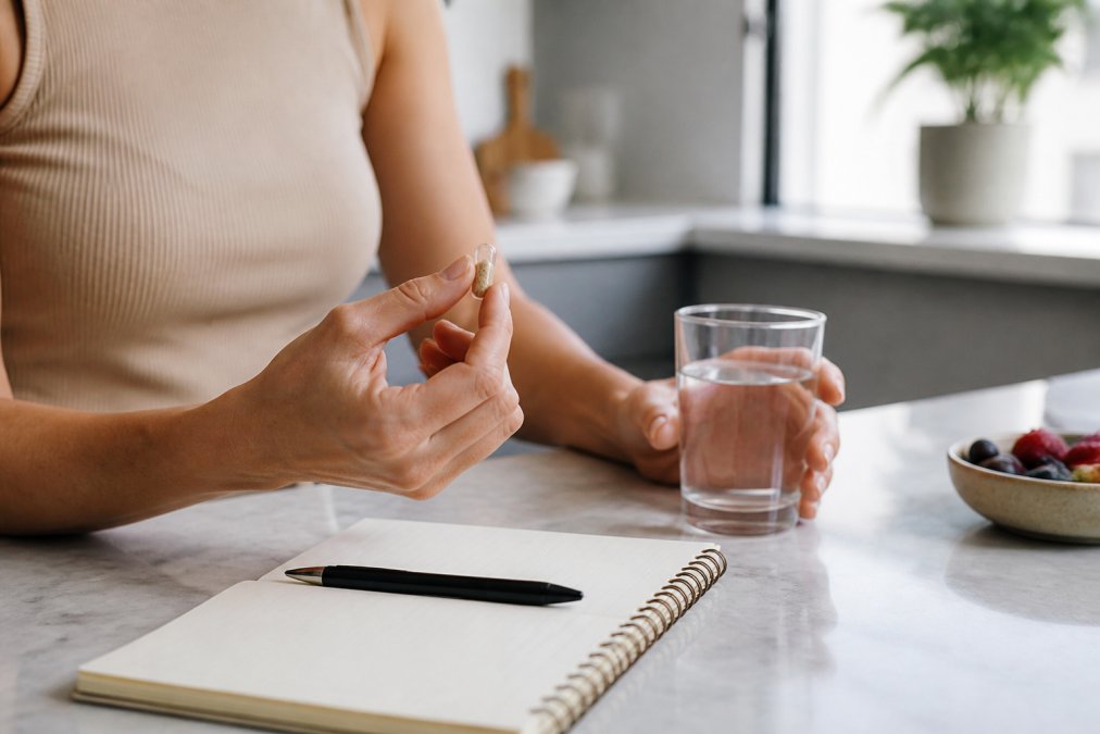 Person holding a supplement capsule while tracking nootropics vs herbal intake in a notebook