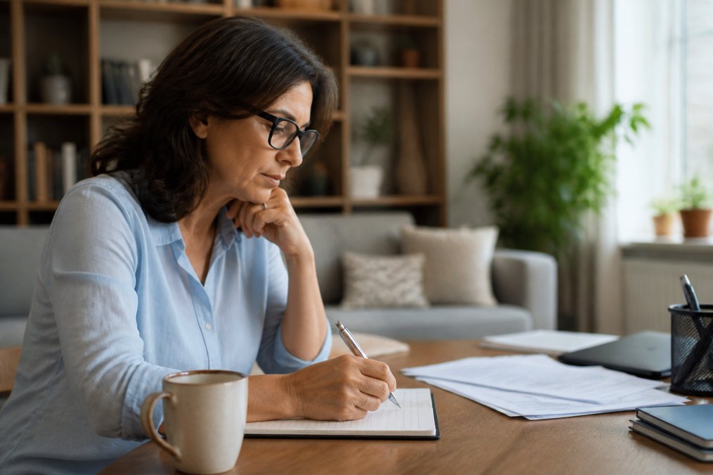 Small business owner working at laptop with coffee, reviewing consultant notes and taking notes during video consultation call
