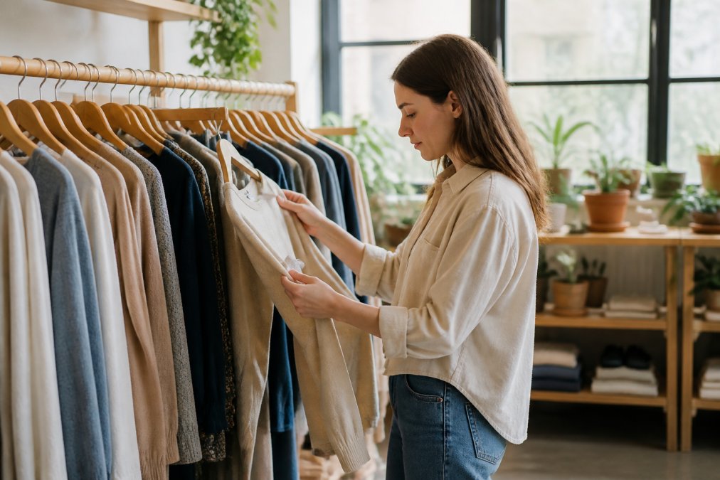 Woman in modern boutique carefully examining sustainable clothing pieces on wooden racks, reading fiber content labels, natural daylight streaming through large windows