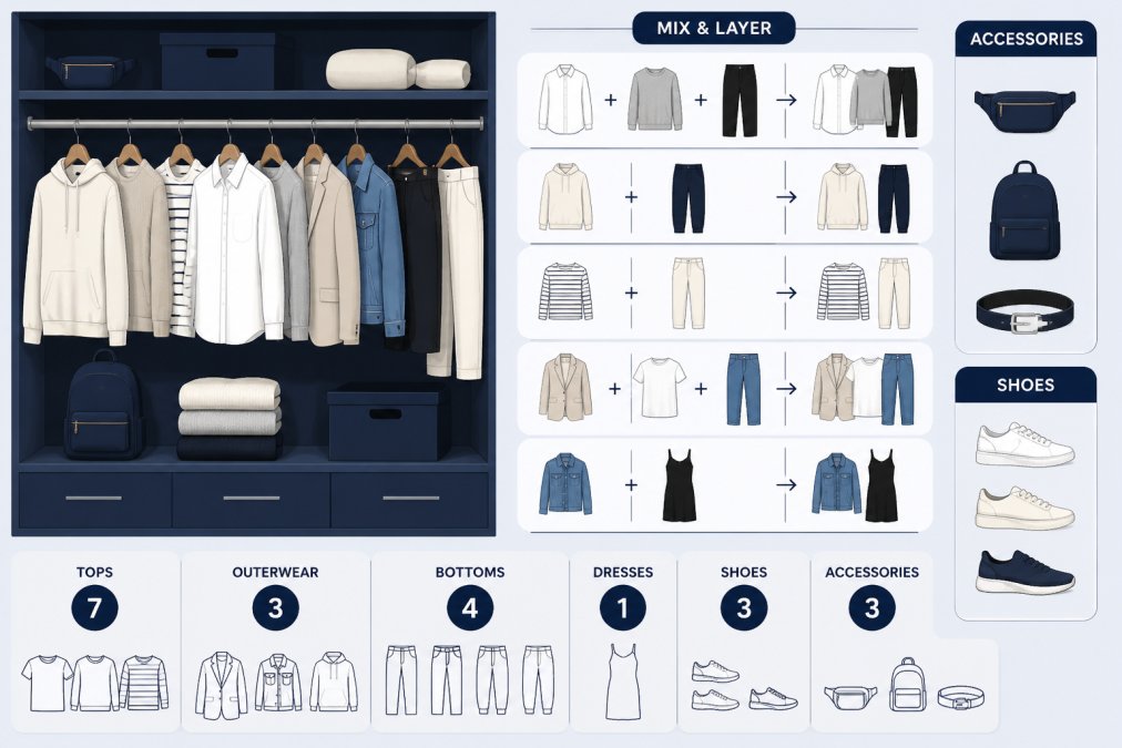 Organized home closet displaying coordinated capsule wardrobe pieces in neutral tones (cream, gray, black, white) hanging on wooden hangers, showing how basic pieces layer and mix together