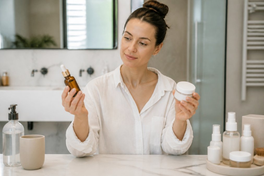 A woman in her 30s comparing two skincare products in a bright, modern bathroom, holding a serum bottle in one hand and a cream jar in the other, with a calm, thoughtful expression