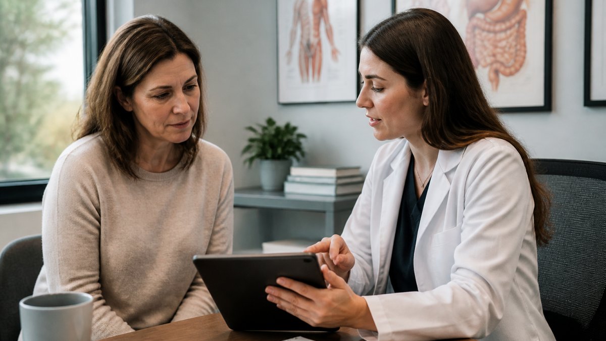 Patient sitting across from healthcare provider in clinical setting, reviewing lab results together on tablet, natural office lighting with medical charts on wall