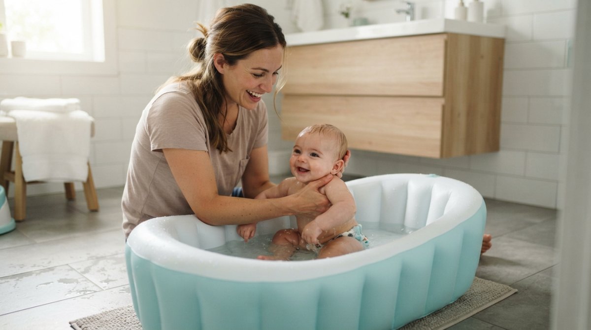 Un parent soutient son bébé dans une baignoire gonflable, garantissant la sécurité baignoire bébé au quotidien.
