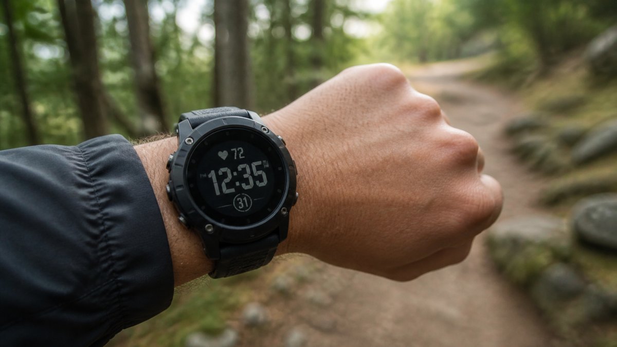 Close-up of a man's wrist wearing a rugged black digital sports watch with a bright LED display showing time and heart rate, outdoors on a hiking trail with blurred trees in the background