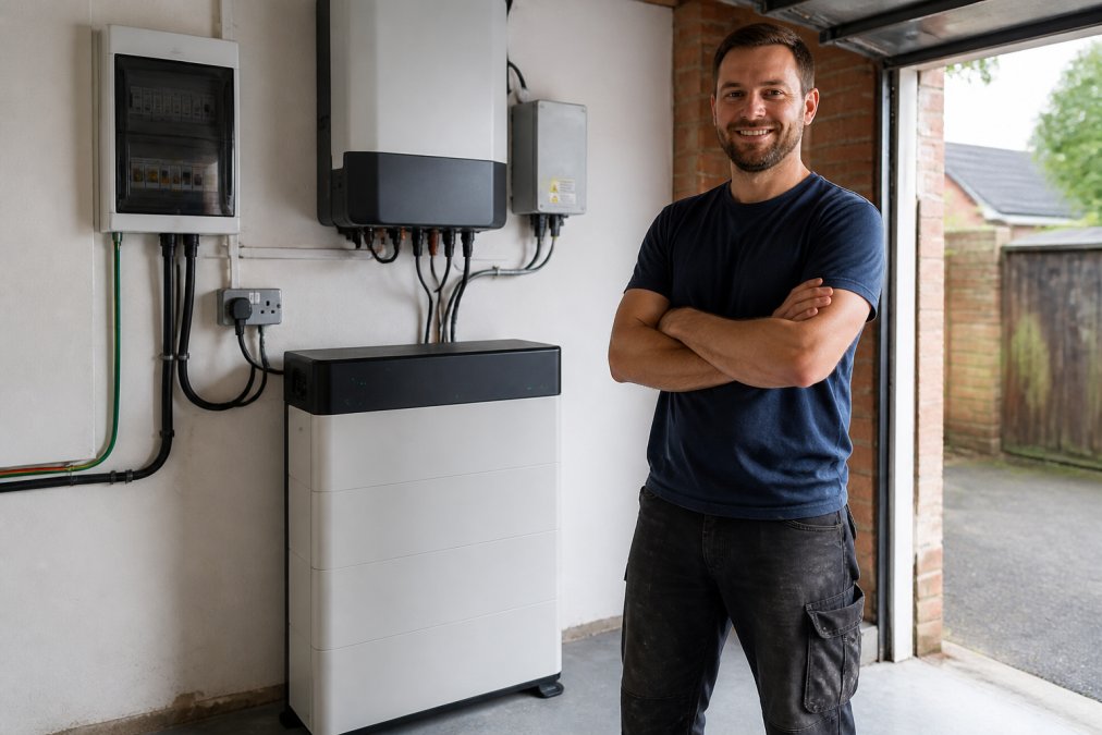 Modern lithium battery storage unit installed in residential garage next to solar inverter and electrical switchboard, clean installation