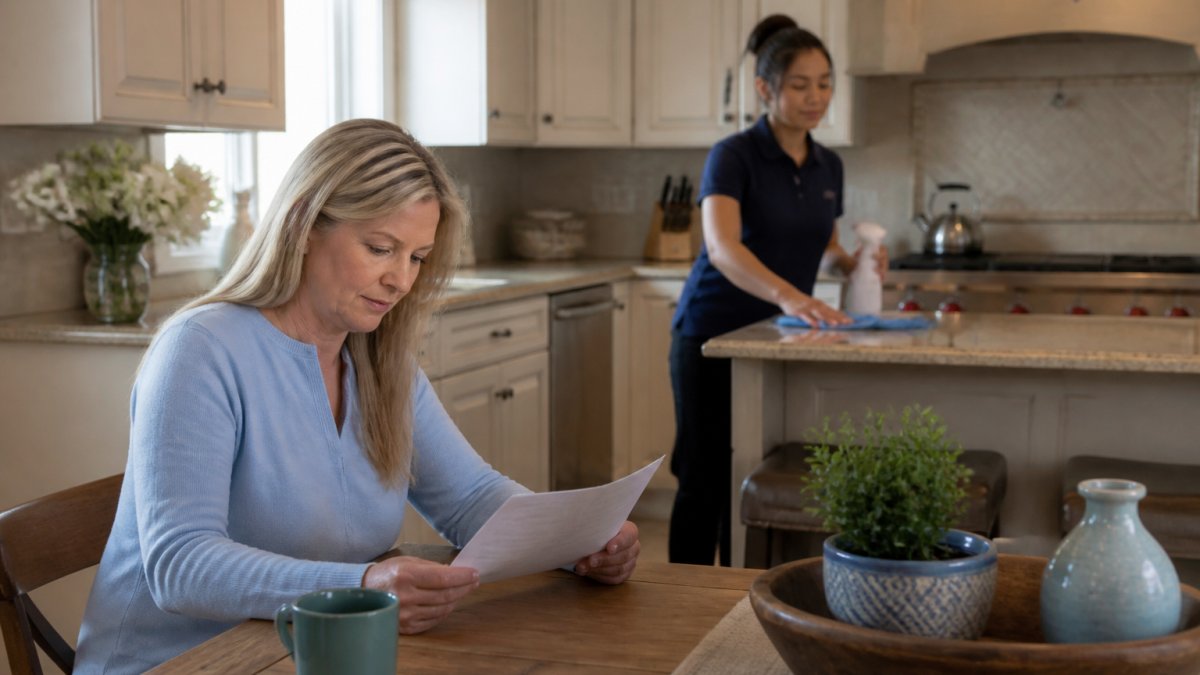 A homeowner reviewing a printed checklist at a kitchen table while a cleaning professional in uniform wipes down countertops in the background