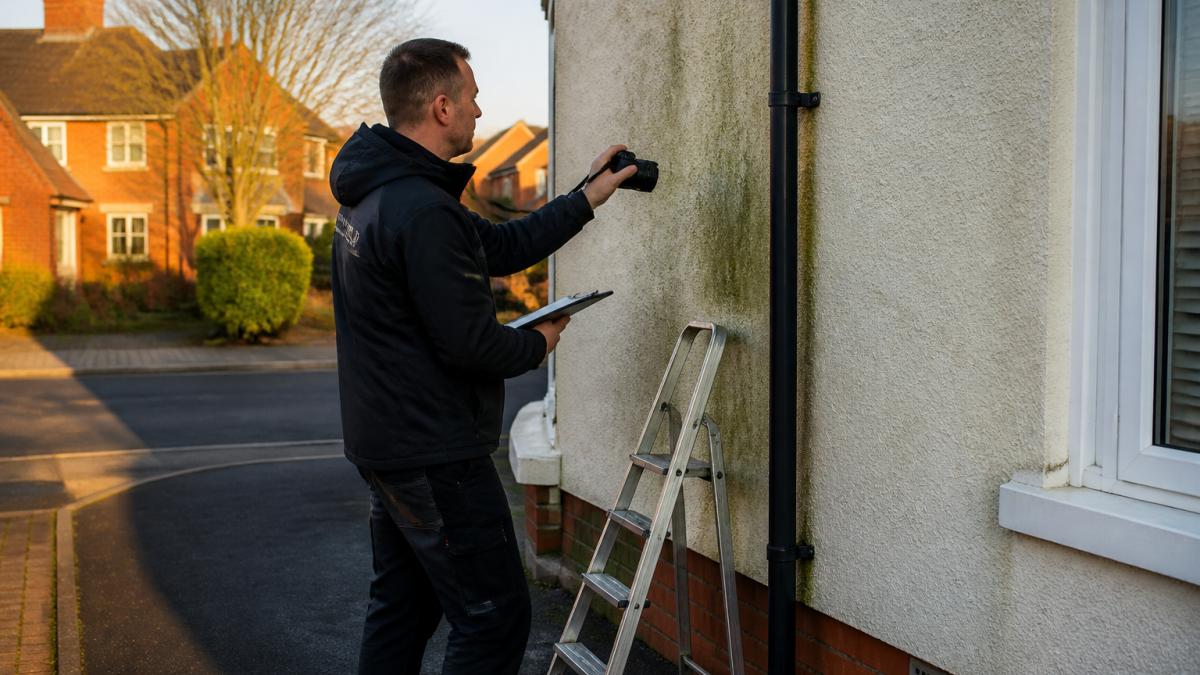 A professional exterior cleaner in a branded uniform inspecting a rendered house wall, pointing a camera at a patch of green algae near a downpipe, with a clipboard and step ladder nearby on a driveway in a British residential street